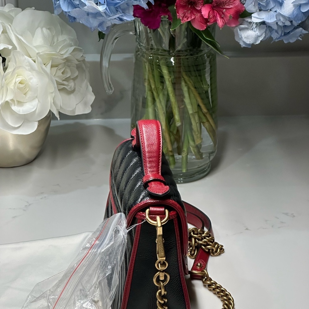 Gucci Marmont Black Quilted Leather Top Handle Satchel Shoulder Bag Red Trim - Picture 3 of 16